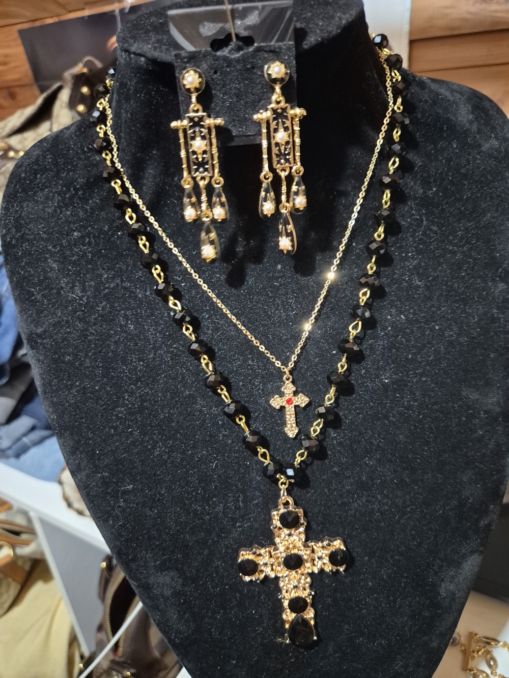 Gold and Black Cross Necklace Set with Crystal Accents